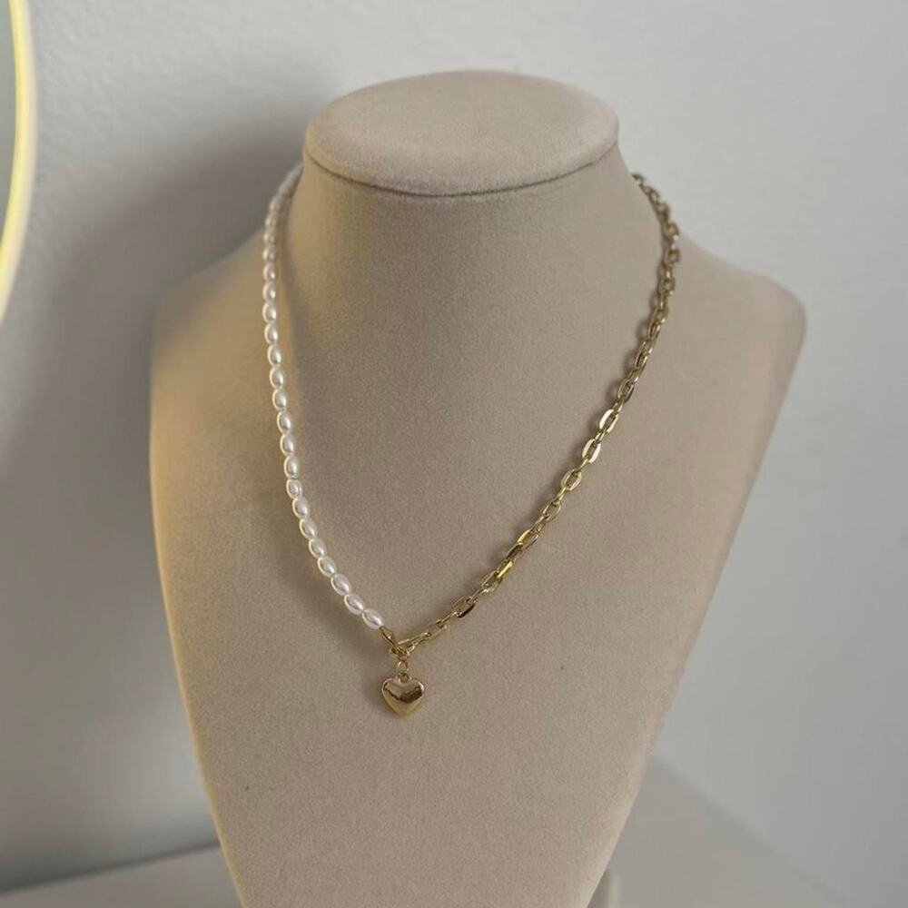 Gold Heart Pearl Necklace Stainless Steel Elegant Cute Jewelry Gift for Women - Picture 2 of 4
